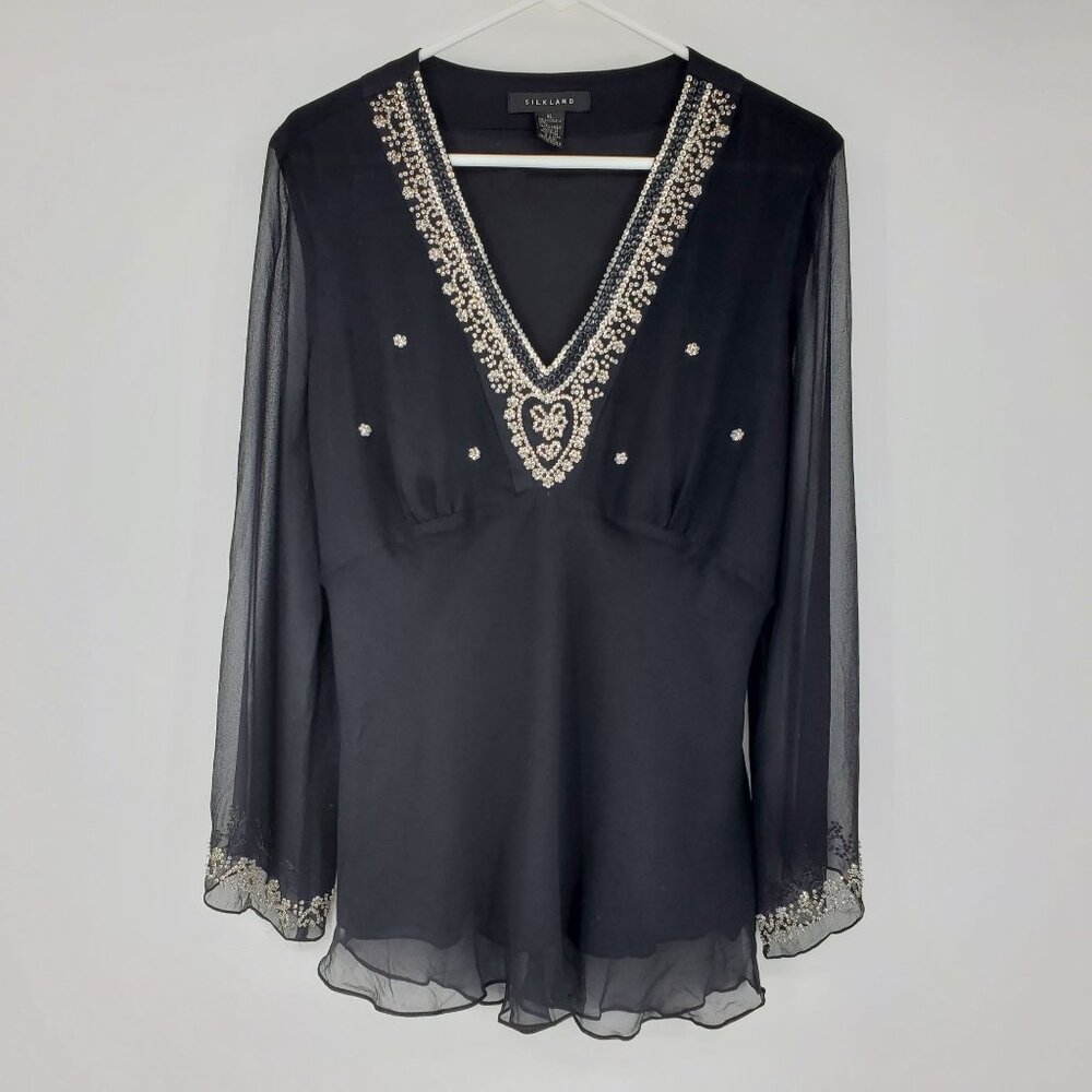 Silkland‎ 100% Silk V Neck Sequin Accent Women's Whimsigoth Shirt Top XL